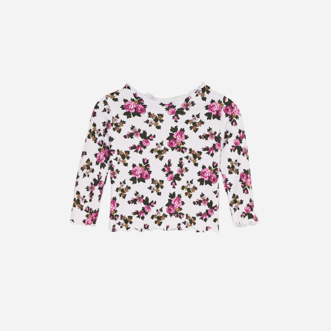 Sold at Bombon shop, designed by The New Society, this baby girl long-sleeve ribbed tee features a rose floral print and delicate lettuce-edge trim. back