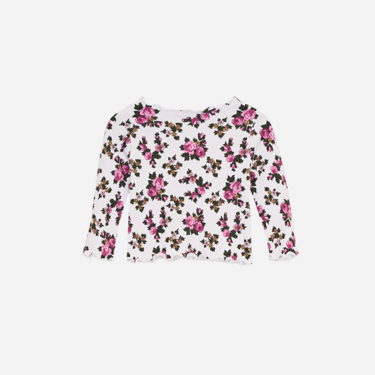 Sold at Bombon shop, designed by The New Society, this baby girl long-sleeve ribbed tee features a rose floral print and delicate lettuce-edge trim. front