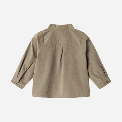 Sold at Bombon shop, designed by MarMar Copenhagen. Beige long-sleeve cotton shirt with mandarin collar, pairs perfectly with the matching check pants.