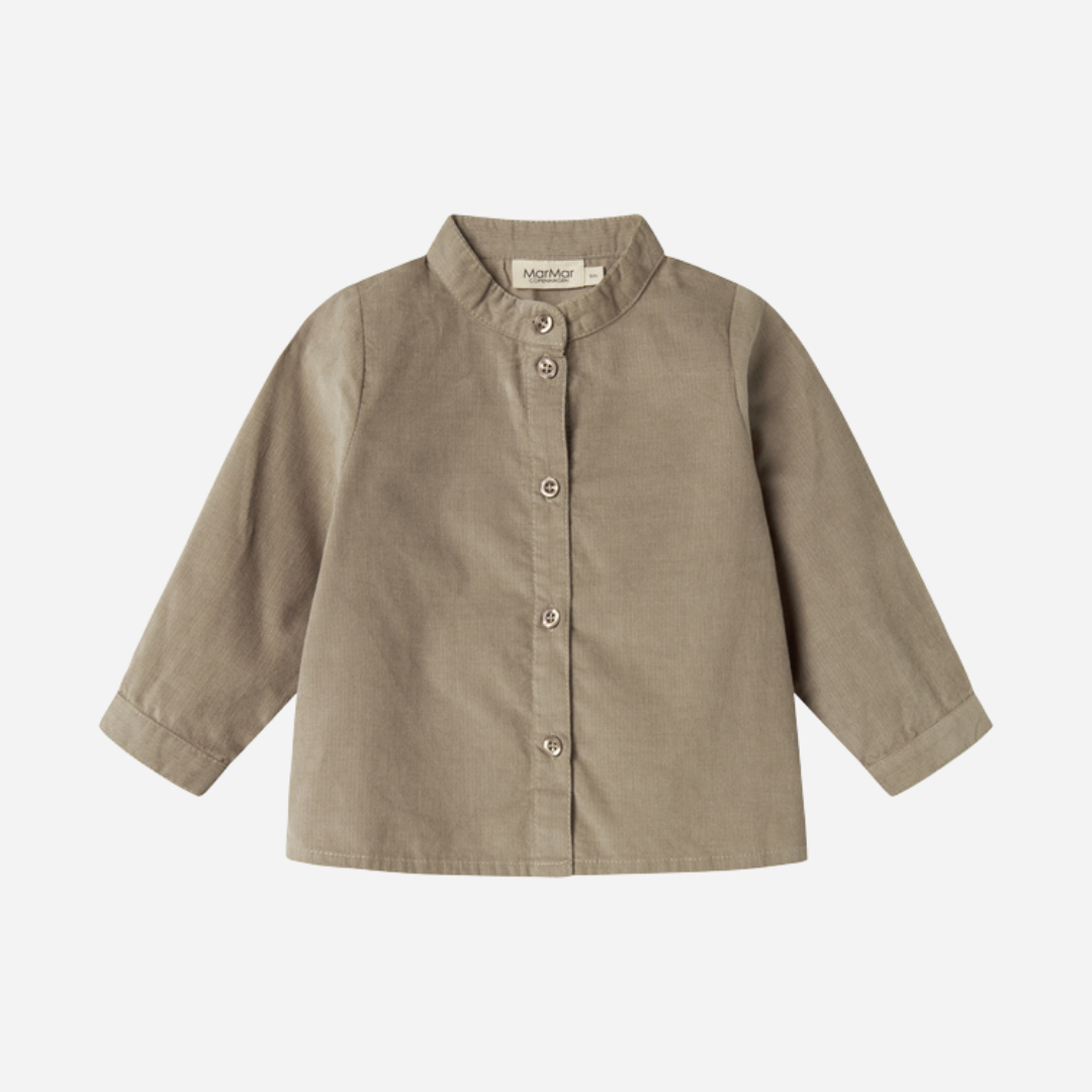 Sold at Bombon shop, designed by MarMar Copenhagen. Beige long-sleeve cotton shirt with mandarin collar, pairs perfectly with the matching check pants.