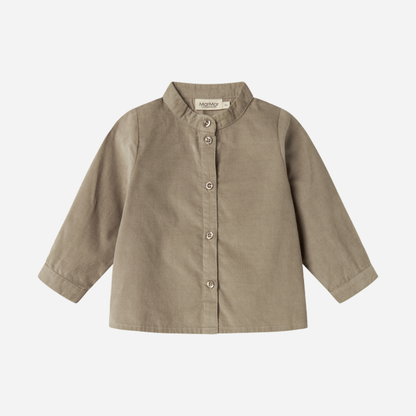 Sold at Bombon shop, designed by MarMar Copenhagen. Beige long-sleeve cotton shirt with mandarin collar, pairs perfectly with the matching check pants.