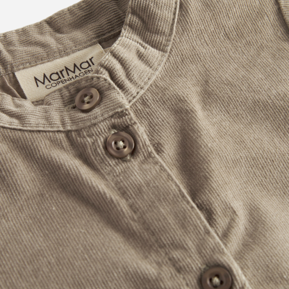 Sold at Bombon shop, designed by MarMar Copenhagen. Beige long-sleeve cotton shirt with mandarin collar, pairs perfectly with the matching check pants.