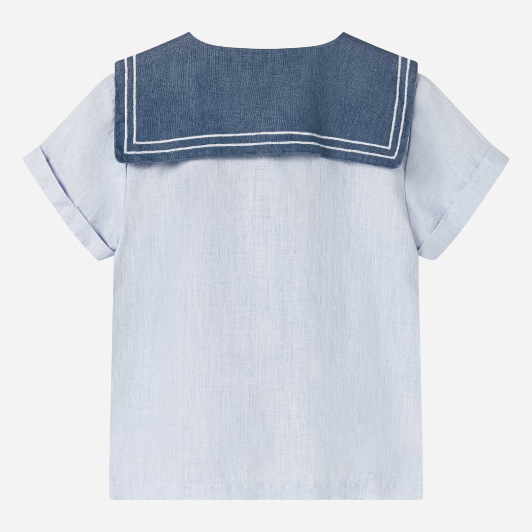 Sold at Bombon shop, designed by Mar Mar Copenhagen, Tosea sailor top in Blue Mist linen with nautical collar