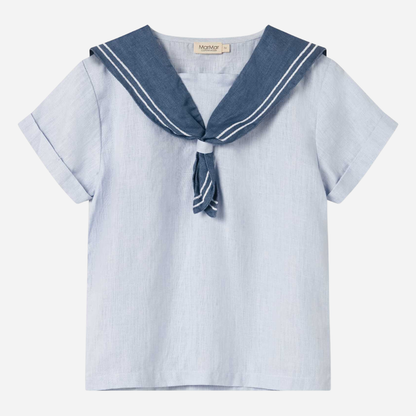 Sold at Bombon shop, designed by Mar Mar Copenhagen, Tosea sailor top in Blue Mist linen with nautical collar