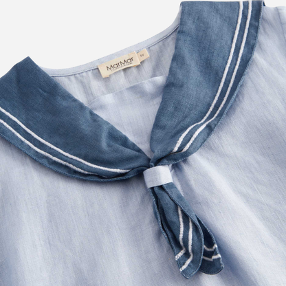 Sold at Bombon shop, designed by Mar Mar Copenhagen, Tosea sailor top in Blue Mist linen with nautical collar