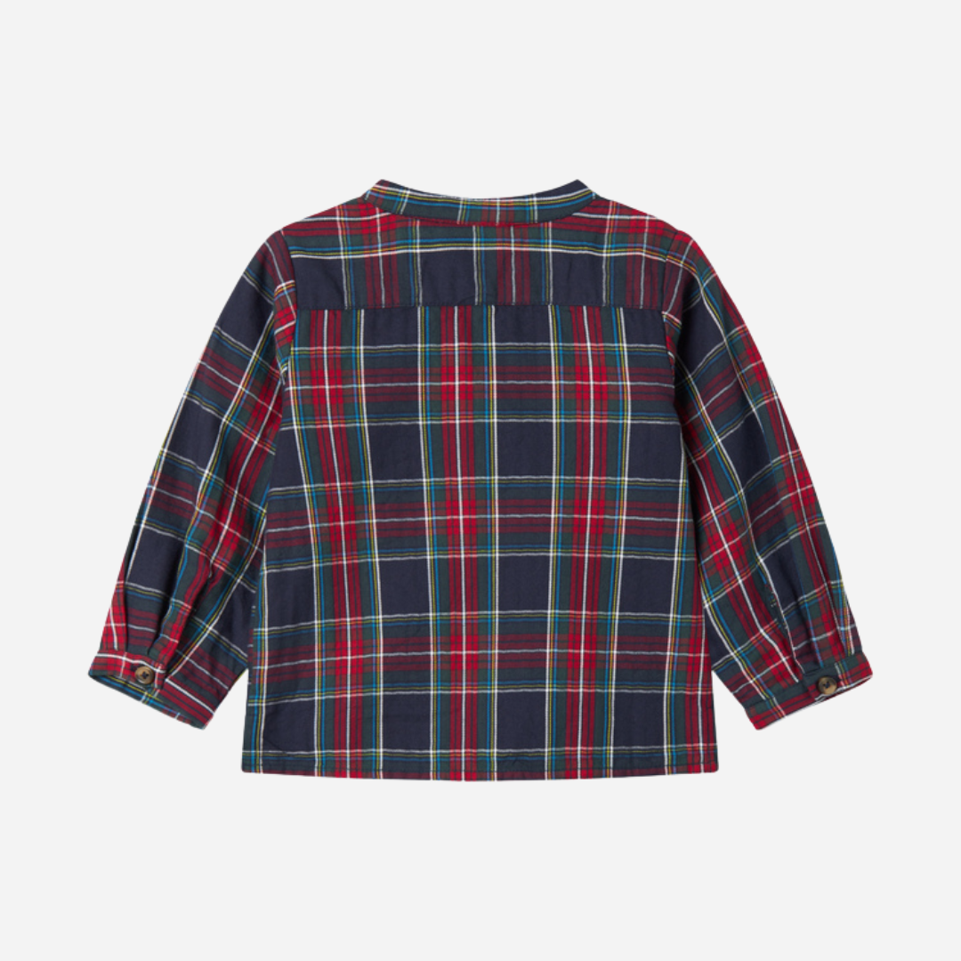 Sold at Bombon shop, designed by MarMar Copenhagen. Red and navy checked long-sleeve cotton shirt with round collar, pairs perfectly with the matching navy pants.