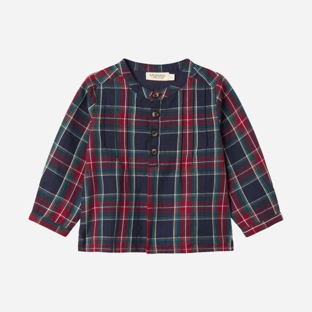 Sold at Bombon shop, designed by MarMar Copenhagen. Red and navy checked long-sleeve cotton shirt with round collar, pairs perfectly with the matching navy pants.