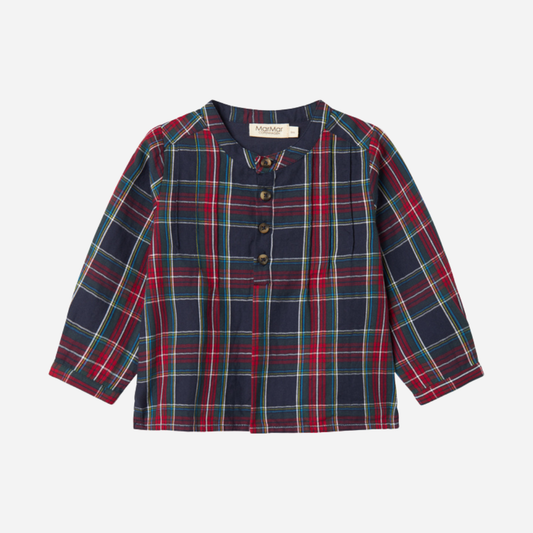 Sold at Bombon shop, designed by MarMar Copenhagen. Red and navy checked long-sleeve cotton shirt with round collar, pairs perfectly with the matching navy pants.