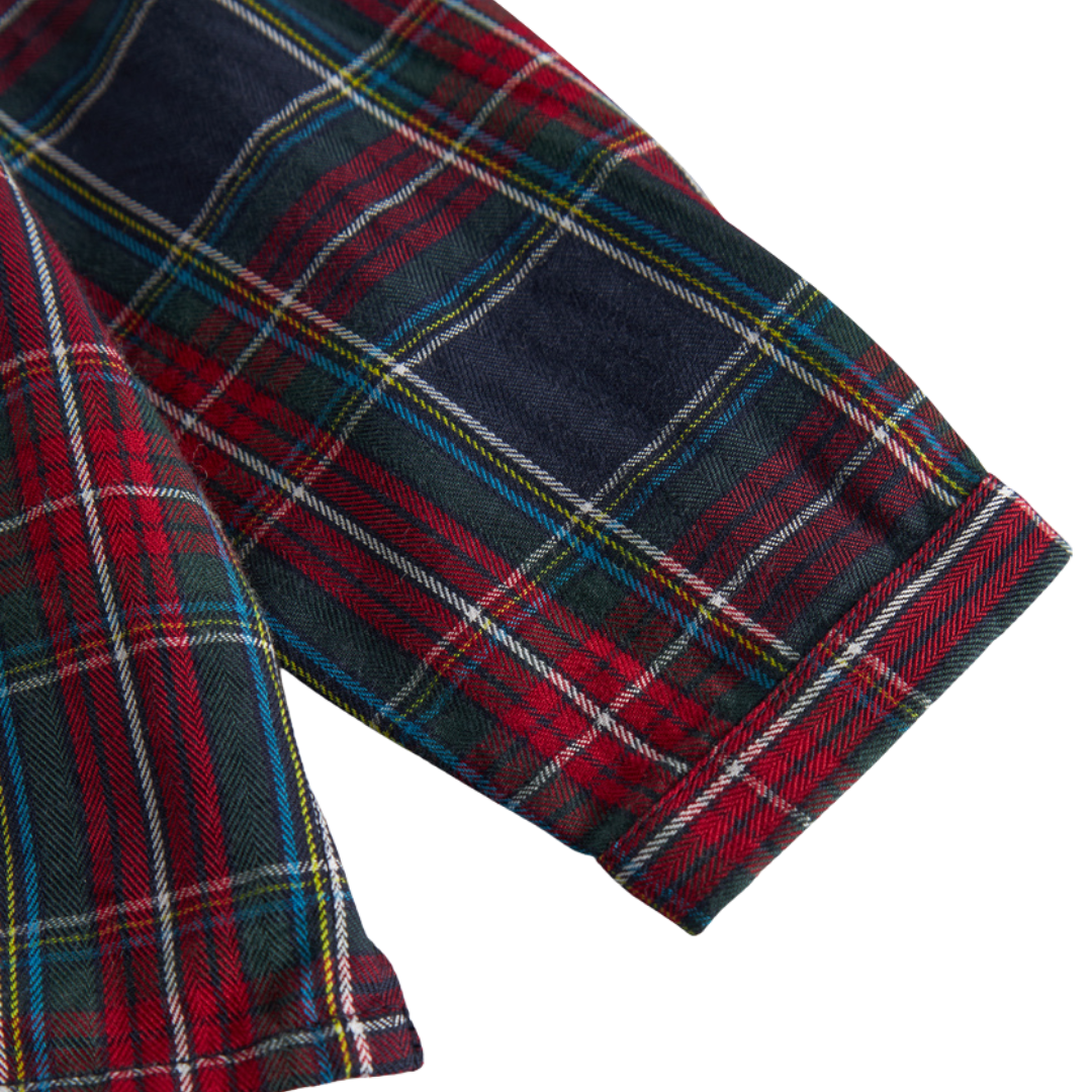 Sold at Bombon shop, designed by MarMar Copenhagen. Red and navy checked long-sleeve cotton shirt with round collar, pairs perfectly with the matching navy pants.