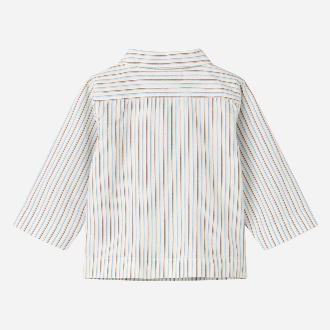 Sold at Bombon shop, designed by Mar Mar Copenhagen, Tovas B baby shirt in Blue Iris Stripe with band collar