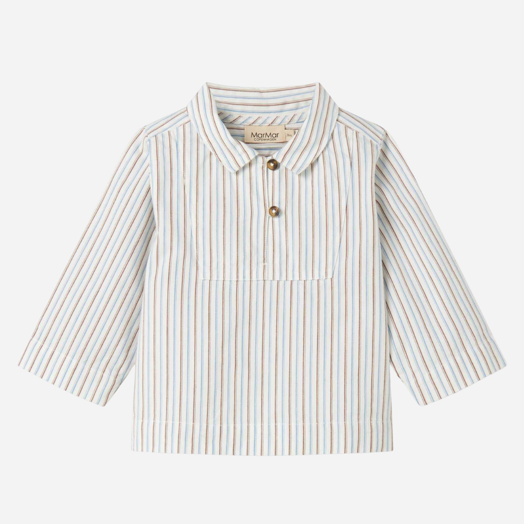 Sold at Bombon shop, designed by Mar Mar Copenhagen, Tovas B baby shirt in Blue Iris Stripe with band collar