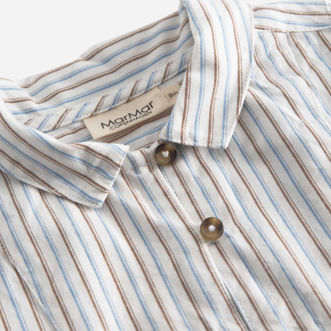 Sold at Bombon shop, designed by Mar Mar Copenhagen, Tovas B baby shirt in Blue Iris Stripe with band collar