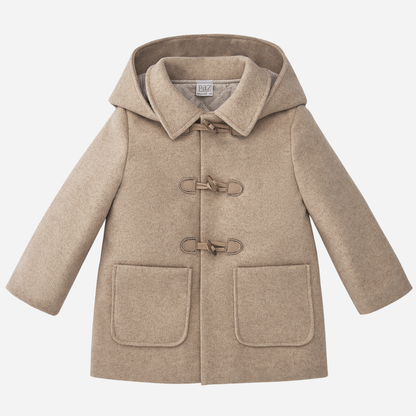 Sold at Bombon shop, designed by Paz Rodriguez, beige wool-blend duffle coat with toggle buttons, front pockets, and hood.
