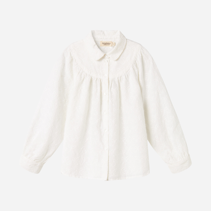 Sold at Bombon shop, designed by MarMar Copenhagen — cream 100% cotton baby blouse with rounded collar and gathered details, pairs perfectly with the navy pinafore dress.