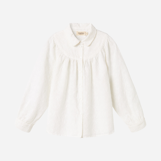 Sold at Bombon shop, designed by MarMar Copenhagen — cream 100% cotton baby blouse with rounded collar and gathered details, pairs perfectly with the navy pinafore dress.