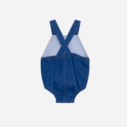 sold at Bombon, designed by The New Society blue denim baby romper in 100% cotton with classic silhouette and everyday wear style