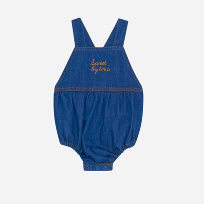 sold at Bombon, designed by The New Society blue denim baby romper in 100% cotton with classic silhouette and everyday wear style