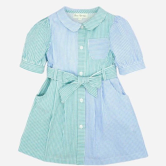 Sold at Bombon shop, designed by Fina Ejerique brand, two colored shirt dress for toddlers is perfect for spring and summer. front view