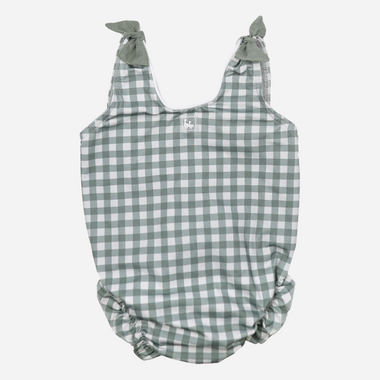 sold at Bombon shop, designed by Al Agua Patos Brand, this vichy print one-piece bathing suit for baby girls is perfect for summer. front view