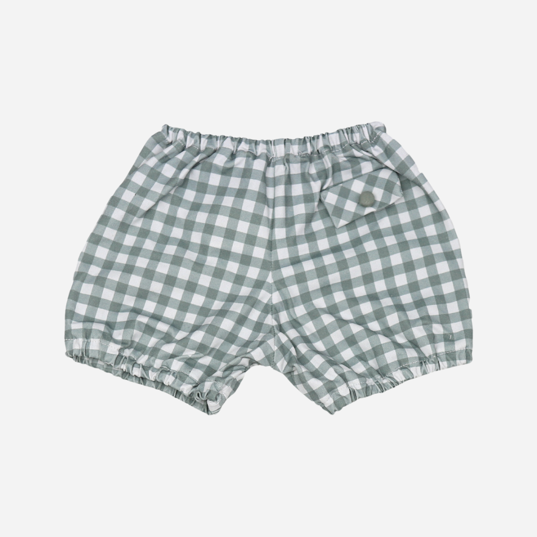 sold at Bombon shop, designed by Al Agua Patos Brand, this vichy print swim short for baby boys is perfect for summer.  back view