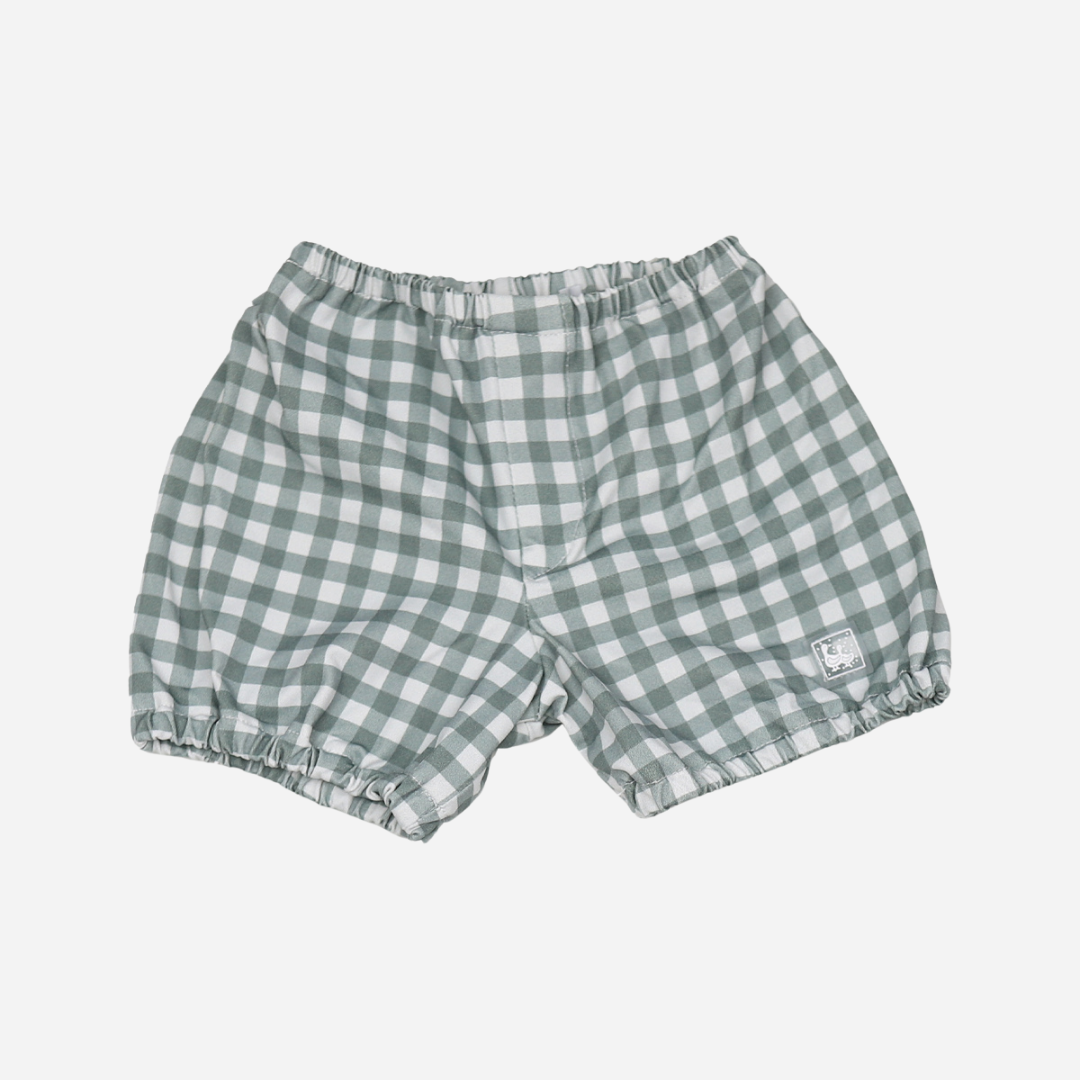 sold at Bombon shop, designed by Al Agua Patos Brand, this vichy print swim short for baby boys is perfect for summer. front view
