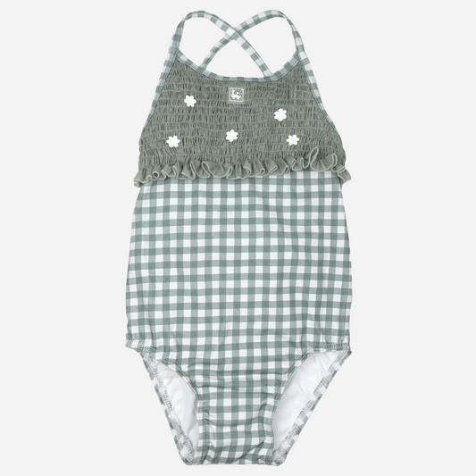 sold at Bombon shop, designed by Al Agua Patos Brand, this vichy print one-piece bathing suit for girls is perfect for summer. front view