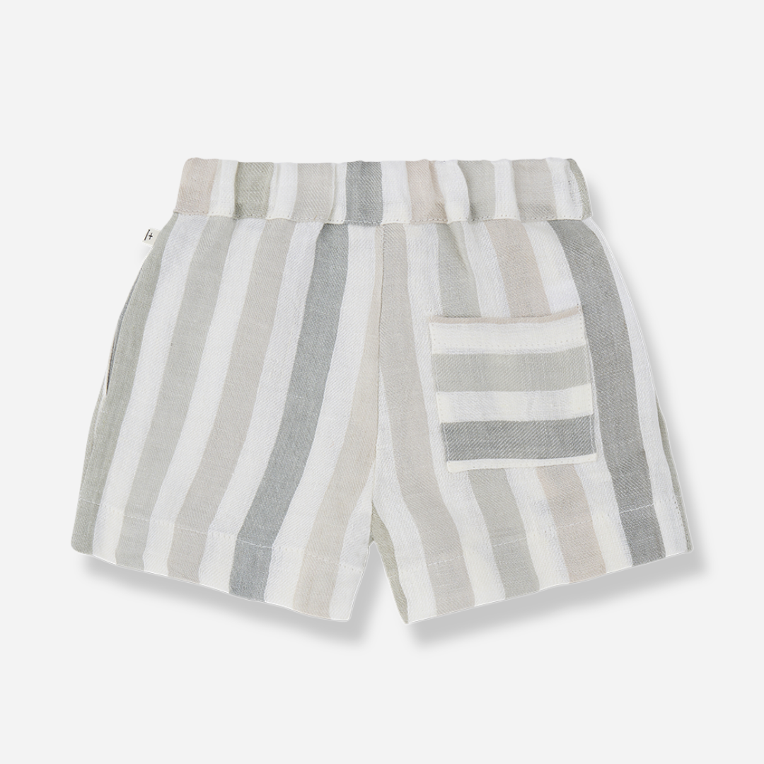 Sold at Bombon Shop, designed by 1+ in the family, beige striped baby bermuda shorts with elastic waistband and soft cotton fabric.