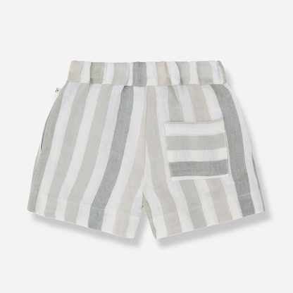 Sold at Bombon Shop, designed by 1+ in the family, beige striped baby bermuda shorts with elastic waistband and soft cotton fabric.