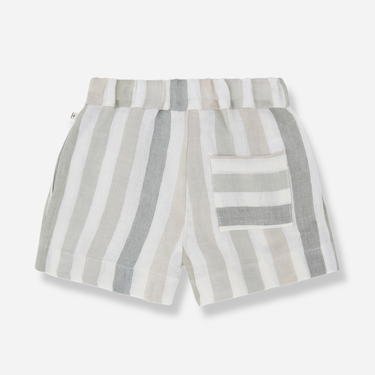 Sold at Bombon Shop, designed by 1+ in the family, beige striped baby bermuda shorts with elastic waistband and soft cotton fabric.