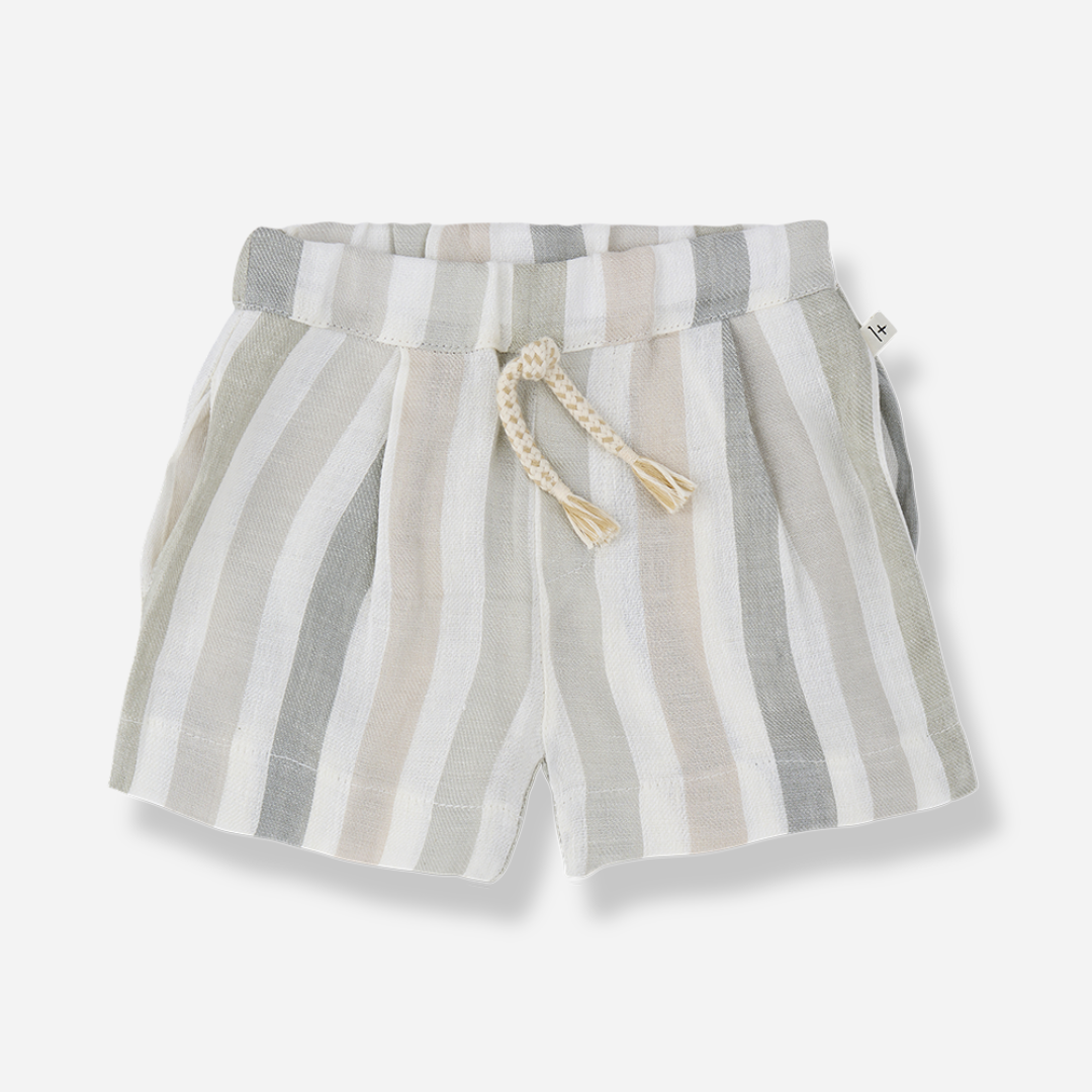 Sold at Bombon Shop, designed by 1+ in the family, beige striped baby bermuda shorts with elastic waistband and soft cotton fabric.
