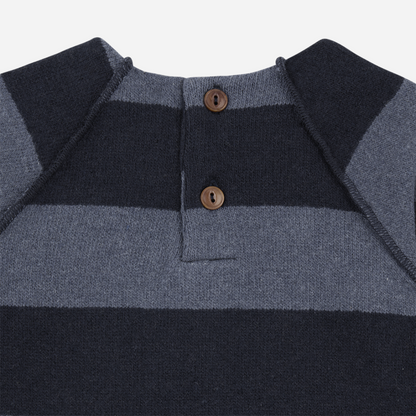 Sold at Bombon shop, designed by 1+ in the family – navy and grey striped baby jumpsuit with long sleeves and soft fabric, shown flat on white background zoom