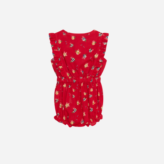 sold at Bombon, designed by The New Society red amapola floral baby romper with ruffle sleeves in 100% organic cotton matching sibling look