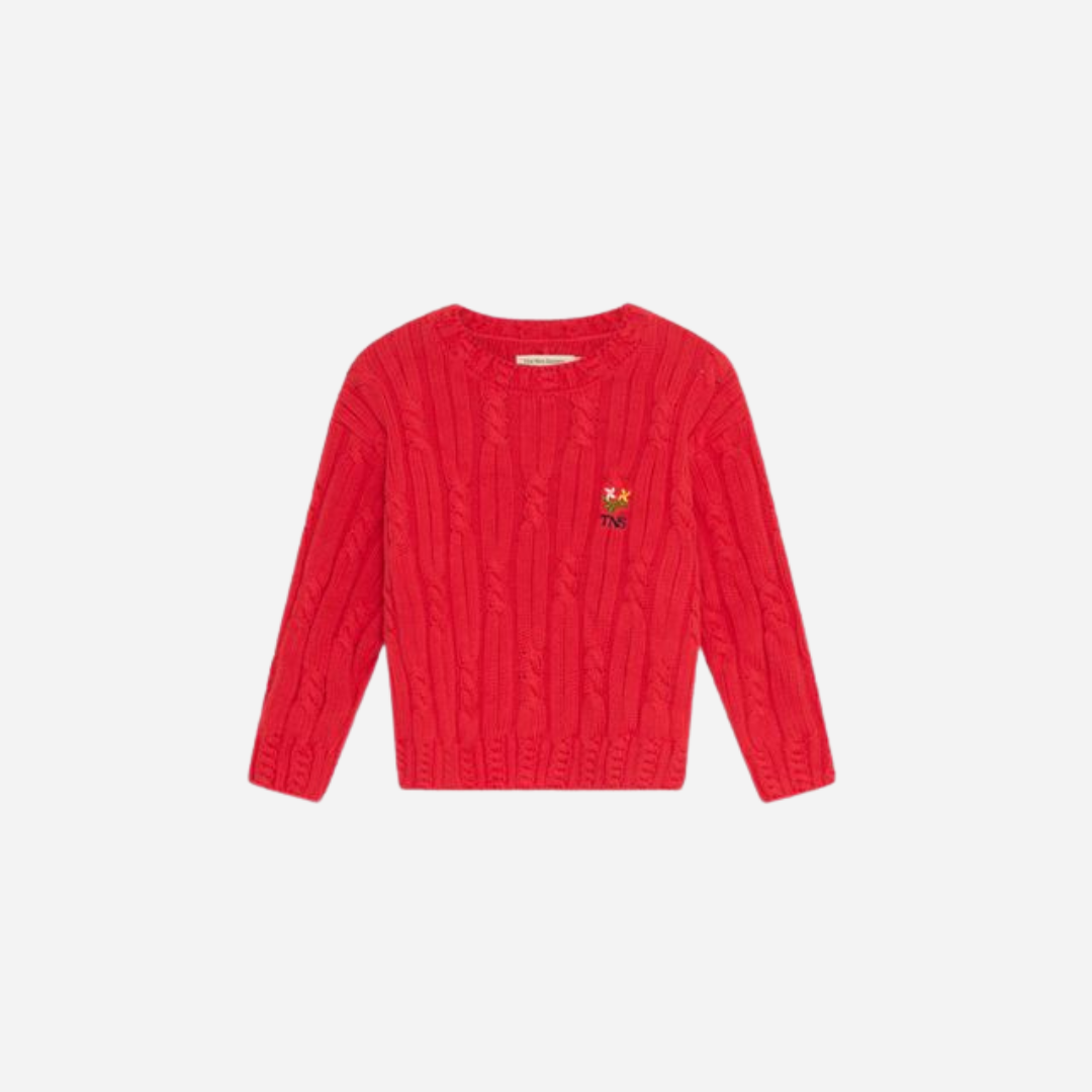 sold at Bombon, designed by The New Society red knit kids jumper in tulip red 100% cotton textured sweater matching shorts set