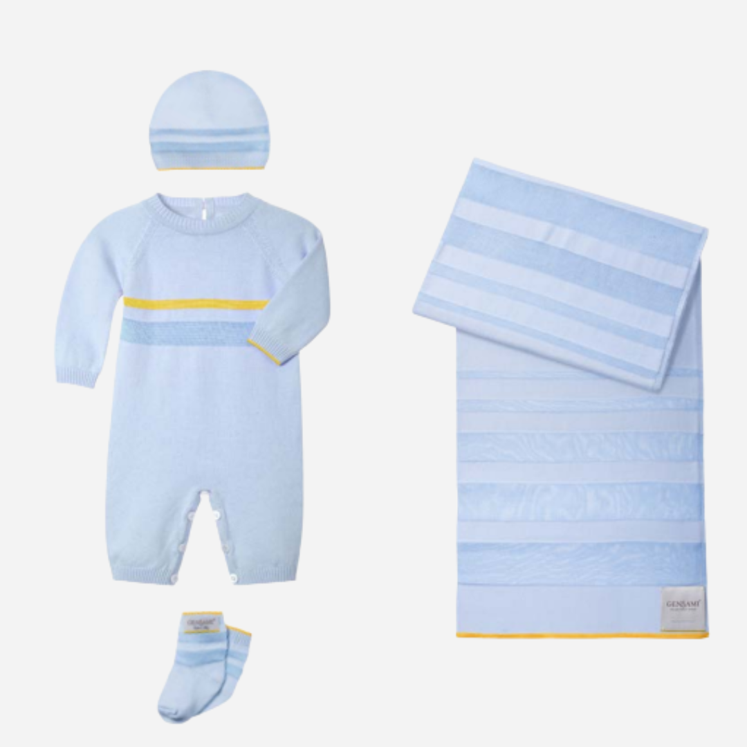 Sold at Bombon and designed by Gensami, a blue newborn layette set including a knit jumpsuit, hat, socks, and matching blanket with yellow stripe detailing.