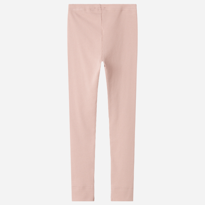 Sold at Bombon shop, designed by MarMar Copenhagen — blush pink ribbed organic cotton baby leggings, part of a matching set.
