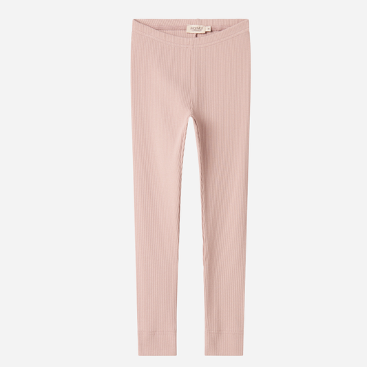 Sold at Bombon shop, designed by MarMar Copenhagen — blush pink ribbed organic cotton baby leggings, part of a matching set.