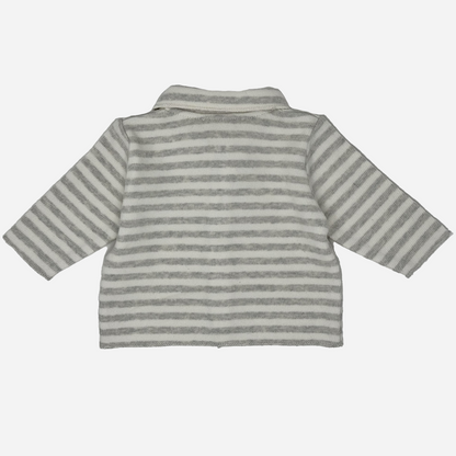 Sold at Bombon shop, designed by Tiny Soul — baby button-down shirt in grey and white stripes with collar and front buttons. back