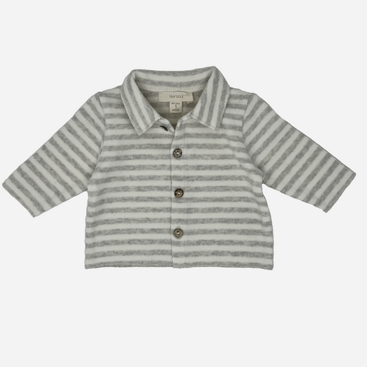 Sold at Bombon shop, designed by Tiny Soul — baby button-down shirt in grey and white stripes with collar and front buttons. front