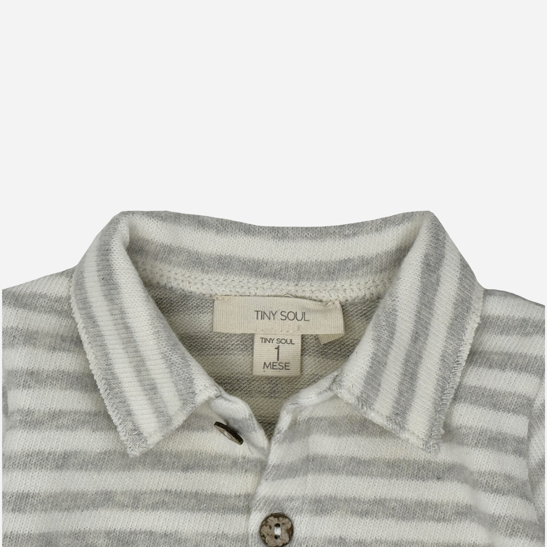Sold at Bombon shop, designed by Tiny Soul — baby button-down shirt in grey and white stripes with collar and front buttons. zoom